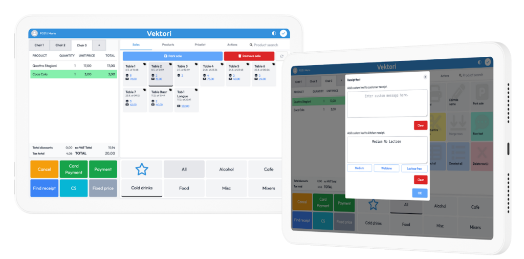 Kuvassa: Vektori kassa pöytämyynti ja keittiökuitin muokkaus